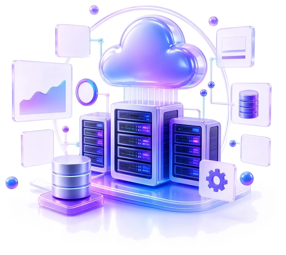 Cloud, servers, and security panels connected as a digital infrastructure