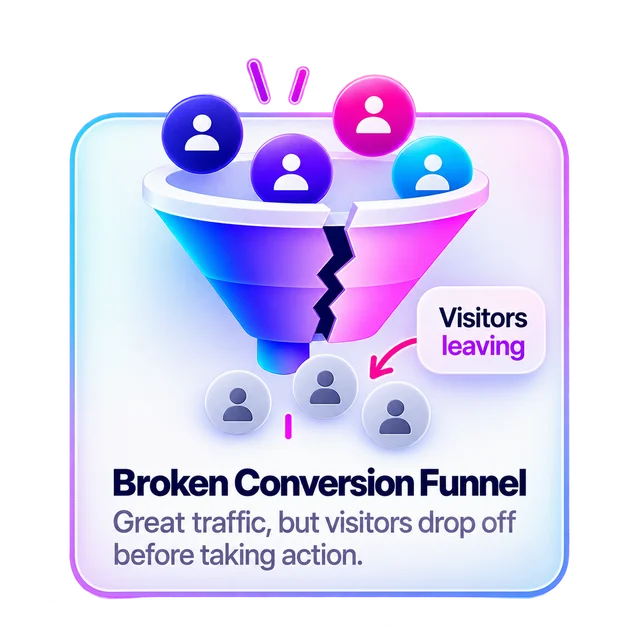 Broken Conversion Funnel. Great traffic, but visitors drop off before taking action.