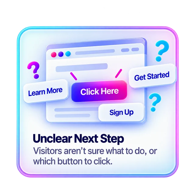 Unclear Next Step. Visitors aren’t sure what to do, or which button to click.