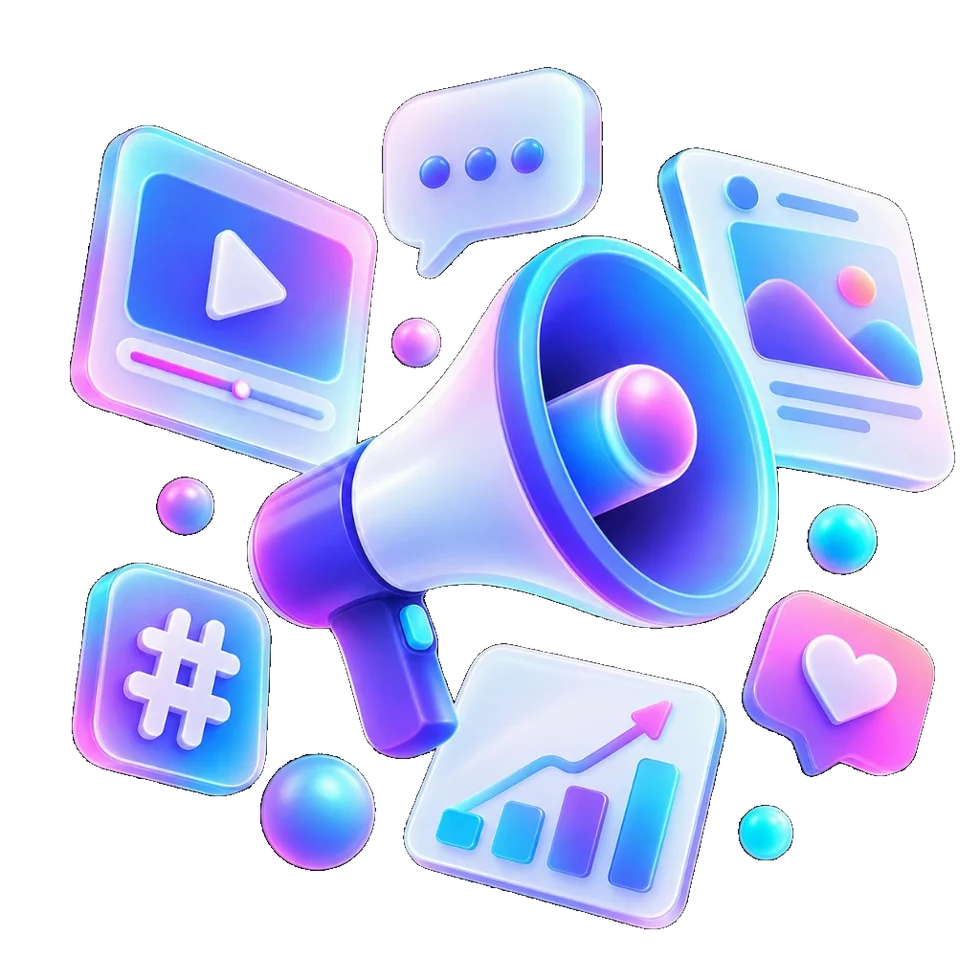 A megaphone surrounded by social, video, and campaign cards